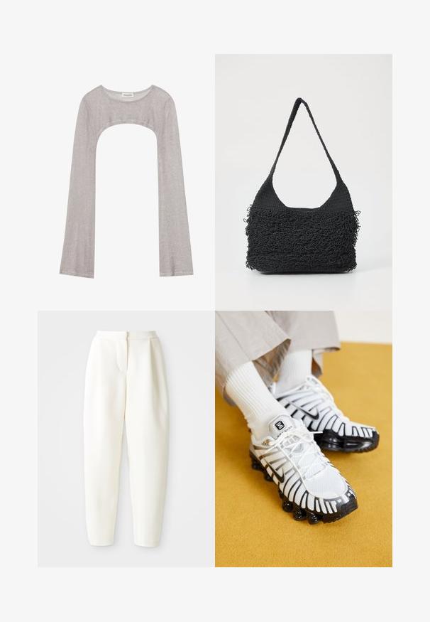 Hõbedane pika varrukaga topp ümarate peadega ja lõigetega all. Valmistatud tekstuuriga kangast, millel on kehaeenduv disain ja laienevad varrukad.; Kõrge vöökoht ja kitsenevad valged püksid peidetud esiklõike ja küljetaskutega, esitlemine lihtsa valge tausta ees.; Valged ja mustad spordijalatsid, millel on võrkkangast ülemine osa, kummist põhi ja iseloomulik sooneline disain. Kanduval on valged soonelised sokid.; Must mustrilöng kudumust kott, millel on tekstuuriga laineline disain, ühes palmikustatud rihmaga. Valmistatud pehmest ja paindlikust materjalist. Ristkülikuline kuju.