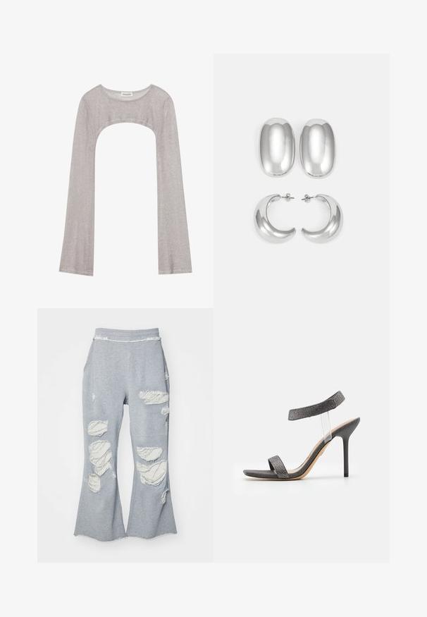 Silver long-sleeve top with a rounded neckline and cut-out below. Made of textured fabric, featuring a fitted design and flared sleeves.; Gray sweatpants with a flared leg design, featuring multiple distressed patches exposing lighter fabric. Elastic waistband for comfort.; Black heeled sandal with a transparent strap, textured upper, and slim stiletto heel. Features a wide front band and shimmery accents.; Silver-colored earrings set: two oval studs and two crescent-shaped hoops, featuring a glossy, smooth finish and a rounded design.