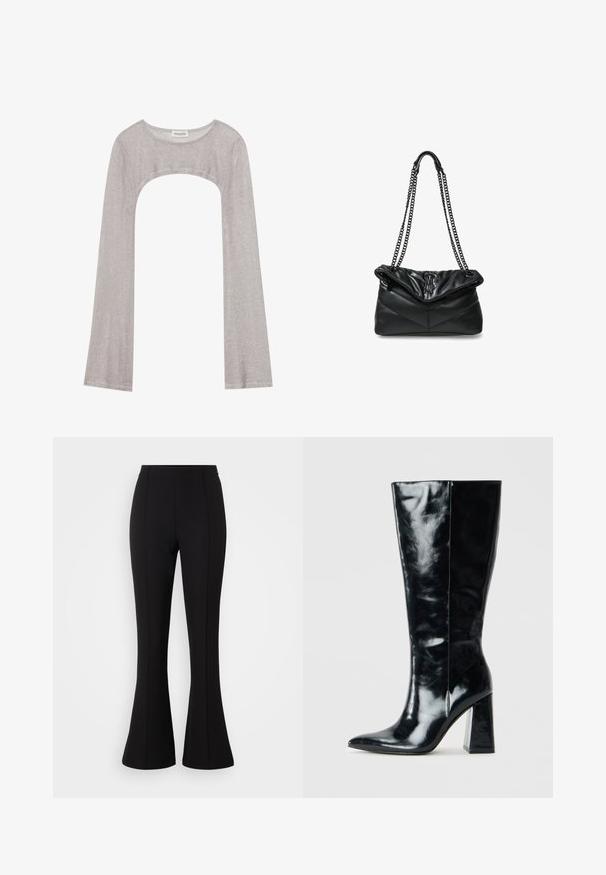 Silver long-sleeve top with a rounded neckline and cut-out below. Made of textured fabric, featuring a fitted design and flared sleeves.; Black flared pants made from stretchy fabric, featuring a smooth texture, high waist, and seam detailing along the front.; Black knee-high boots made of glossy leather, featuring a pointed toe and a chunky geometric heel with a smooth texture.; Steve Madden BBELZ - Cross body bag - black