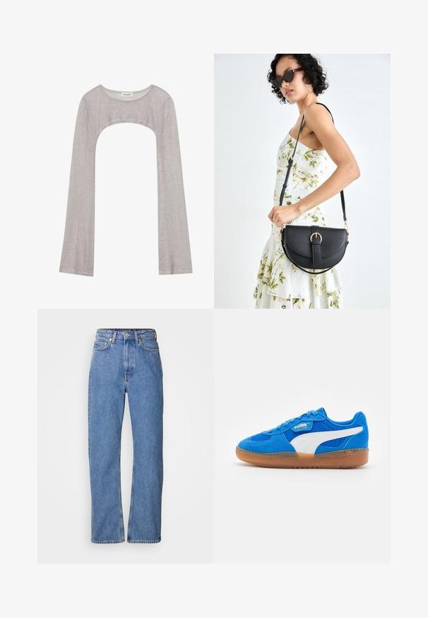 Srebrna bluza z dolgimi rokavi in okroglim izrezom, z izrezom spodaj. Narejena iz teksturiranega materiala, z oprijetim krojem in razširjenimi rokavi.; Svijetloplave traperice s ravnim nogavicama, s visokim strukom, pet džepova, vidljivim šavovima i detaljima od bakra.; Modri semaforji iz usnja s mrežnimi paneli, belimi detajli in podplatom iz gume. Imajo vezalke in oznako logotipa na strani.; Črna usnjena torbica s ukrivljeno obliko, z odstranljivo naramnico in zlatimi dodatki. Torbica ima pokrov s podrobnostmi v obliki zaponke.