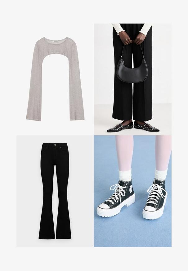 Srebrna dugorukava majica s okruglim izrezom i izrezom ispod. Izrađena od teksturiranog materijala, s prianjajućim dizajnom i flared rukavima.; Crne traperice viskog struka s kopčanjem na gumb i rajfeslusu, prednjim džepovima i širom nogavicama položene su ravno na bijeloj pozadini.; Crne visoke tenisice s bijelim potplatima i vezicama, s kružnim logotipom sa strane i kontrastnim crnim šavovima. Gornji dio od teksturiranog materijala.; Crna kožna torba preko ramena zaobljenog oblika, s sjajnom završnom obradom i srebrnim hardverom. Osoba nosi crne hlače širokog kroja i loaferice sa studovima.