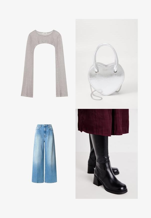 Sidabrinė ilgarankovė palaidinė su apvaliu iškirpimu ir išpjova apačioje. Pagaminta iš tekstūruoto audinio, pasižyminti prigludusia siluetu ir išsiplėtusiomis rankovėmis.; Plati kojinės mėlynos džinsinės kelnės su aukštu juosmeniu, su šviesiu skalbimu, priekine kišene ir mygtuko uždarymu. Lygus paviršius ir tiesi siluetas.; Juodos iki kelių įkaito batai su lygiu odiniu paviršiumi, stačiakampiais blokiniais kulnais ir šoninių siūlių detale, derinami su bordo spalvos sijonu.; Sidabrinė metalinė širdies formos rankinė su dviem rankenomis, grandininiu diržu ir lygia textura. Yra metaliniai elementai ir siūti kraštai.