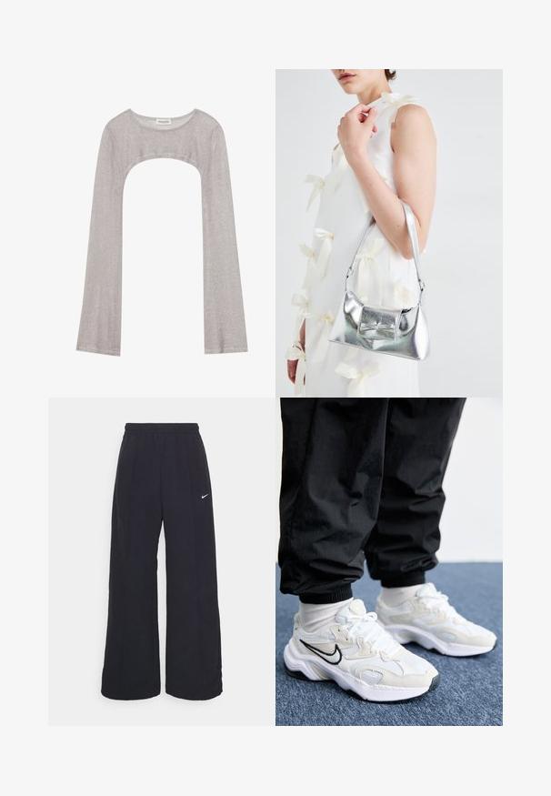 Silver long-sleeve top with a rounded neckline and cut-out below. Made of textured fabric, featuring a fitted design and flared sleeves.; Black wide-leg pants with an elastic waistband and a small white Nike logo. Fabric has a smooth texture, designed for comfort and casual wear.; White and light gray athletic sneakers featuring a textured upper, thick sole, and black swoosh logo. Worn with black jogger pants and white socks.; Silver metallic handbag with a structured shape, featuring a top handle and bow detail on the front. Smooth texture, reflective finish.