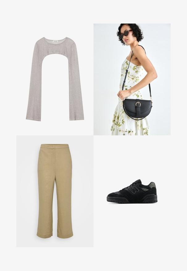 Zilveren lange mouwen top met een ronde hals en een uitsnede eronder. Gemaakt van gestructureerde stof, met een aansluitend ontwerp en uitlopende mouwen.; Beige linnen broeken met een rechte snit, met een middelhoge taille, subtiele naden en brede cropped pijpen. Soepele textuur, geen zichtbare patronen.; Zwarte low-top sneaker met een gestructureerde zool, vetersluiting, suède panelen en een patroonaccent op de hiel en het zijlogo.; Zwarte leren handtas met een gebogen vorm, afneembare schouderband en gouden hardware. De tas heeft een klep met een gespsluiting.