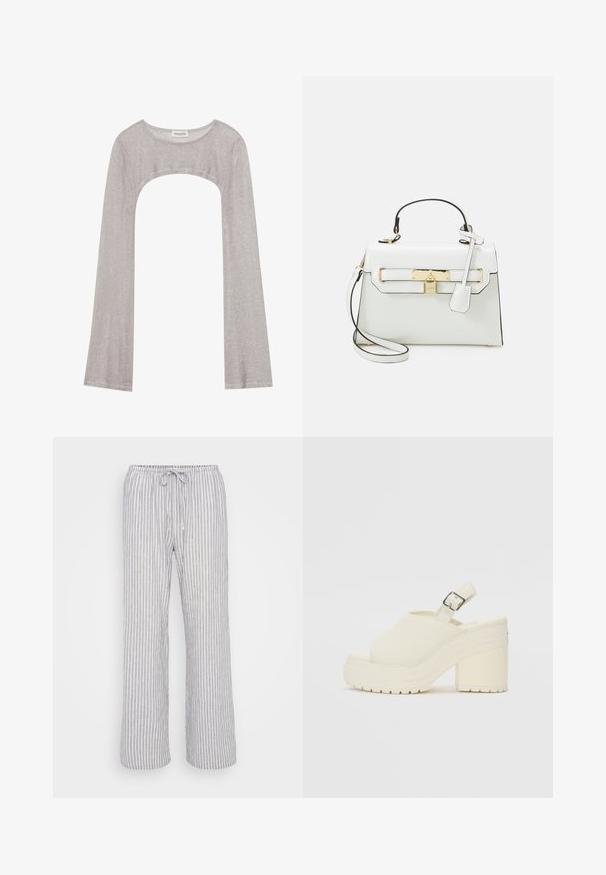 Strieborný top s dlhým rukávom a zaobleným výstrihom s výrezom nižšie. Vyrobený z texturovanej látky, s priliehavým strihom a rozšírenými rukávmi.; Svetlo šedé pruhované nohavice s elastickým pásom, šnúrkou na zaväzovanie a širokým strihom. Vyrobené z mäkkého, priedušného materiálu.; Biele platformové topánky s otvorenou špičkou a popruhom na päte. Vyrobené z textúrovaného materiálu, s hrubou podrážkou a protišmykovým vzorom.; Biela kabelka s krokodílovou textúrou, zlatým kováním, horným uchom a odnímateľným ramenným popruhom; obsahuje zámkové uzatvorenie a minimalistický dizajn.