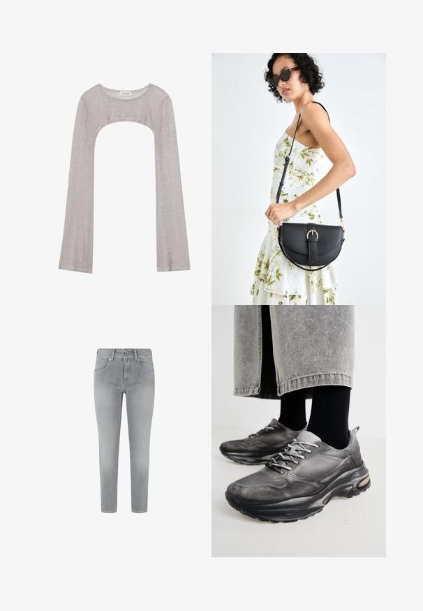 Hopeapintainen pitkähihainen paita, jossa on pyöreä pääntie ja leikattu kohta alapuolella. Valmistettu teksturoidusta kankaasta, jossa on vartalon myötäinen muotoilu ja levenevät hihat.; Harmaat farkut, joissa on kapea muotoilu, viidellä taskulla ja tavallisella vyötäröllä. Sileä pinta ilman näkyviä koristeita.; Musta ja harmaa urheilukengät sisältävät verkkomateriaalista valmistetun päällisen, paksut pohjat ja nauhat. Kenkien kärki on pyöristetty ja niissä on näkyvää pehmustusta.; Musta nahkainen käsilaukku, joka on kaareva muotoilultaan, irrotettavalla hihnalla ja kultaisilla yksityiskohdilla. Laukussa on läppä, jossa on solk yksityiskohta.