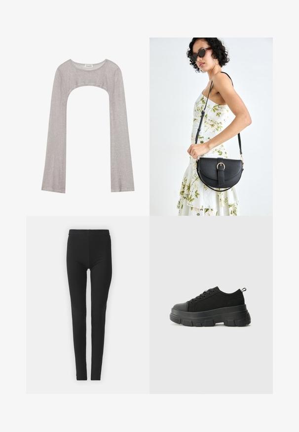 Sudraba garām piedurknēm augšdaļa ar noapaļotu dekoltē un izgriezumu zemāk. Izgatavota no teksturēta auduma, ar pieguļošu dizainu un plandošām piedurknēm.; Melnas, stiepjošas legingas ar ciešu piegulšanu, kurām ir augsta jostasvieta un gluda tekstūra. Nav redzamu rakstu vai aparatūras detaļu.; Melnas kedas ar masīvu gumijas zoli, teksturētu auduma augšdaļu, apaļu purngalu un saistīšanas dizainu. Iekļautas pastiprinātas acs atveres un aizmugurējais cilpiņas siksniņa.; Melnas ādas rokassoma ar izliekta formu, noņemamu siksnu un zelta aksesuāriem. Somai ir vāciņš ar sprādzes detaļu.