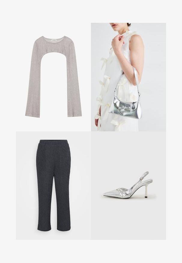 Haut argent à manches longues avec un col rond et une coupe en dessous. Fabriqué en tissu texturé, il présente un design ajusté et des manches évasées.; Pantalons gris foncé avec un design texturé et côtelé, dotés d'une taille élastique et de jambes fuselées. Fabriqués en matériau léger et doux.; Escarpin argenté à talon aigu, avec un bout pointu, une finition métallique, deux brides décoratives et un talon élancé avec un embout noir.; Sac à main métallisé argenté au design structuré, avec une poignée supérieure et un détail en nœud sur le devant. Texture lisse, fini réfléchissant.