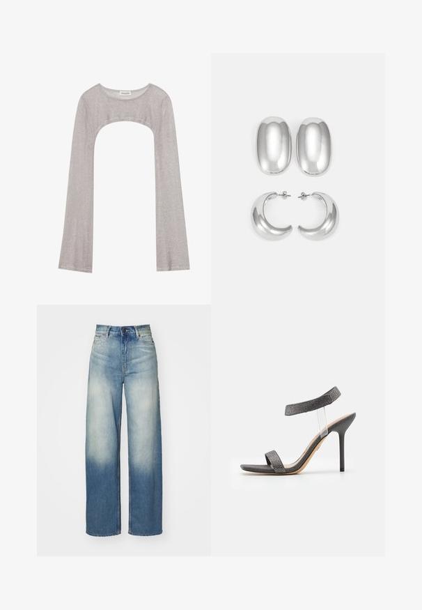 Silver long-sleeve top with a rounded neckline and cut-out below. Made of textured fabric, featuring a fitted design and flared sleeves.; Light blue wide-leg jeans with a high waist, made from denim, featuring a faded gradient, five pockets, and metal hardware accents.; Black heeled sandal with a transparent strap, textured upper, and slim stiletto heel. Features a wide front band and shimmery accents.; Silver-colored earrings set: two oval studs and two crescent-shaped hoops, featuring a glossy, smooth finish and a rounded design.