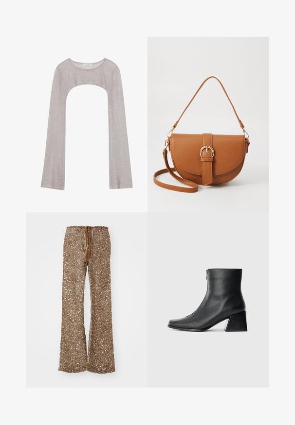Silver long-sleeve top with a rounded neckline and cut-out below. Made of textured fabric, featuring a fitted design and flared sleeves.; Brown flared pants made of textured fabric with silver sequins, featuring a drawstring waistband with tassels for adjustments.; Black leather ankle boot with square toe, side zipper, and block heel against plain light background.; Brown leather crossbody bag with a curved shape, gold hardware, and a buckle accent. Features a detachable shoulder strap.