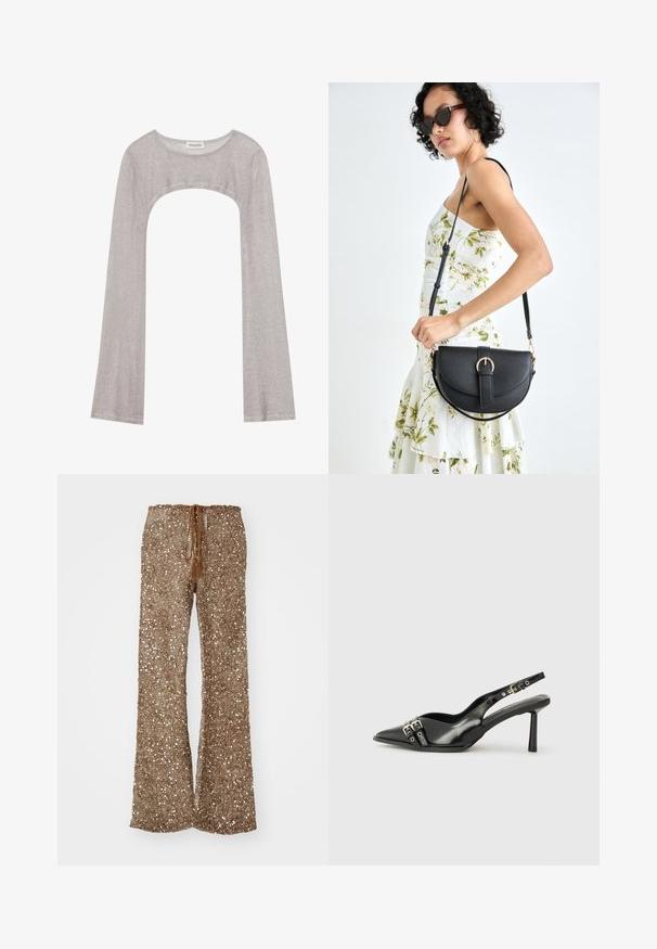 Sølv langermet topp med rund hals og utskjæring under. Laget av teksturert stoff, med en tettsittende design og utsvungne ermer.; Brune flagrende bukser laget av teksturert stoff med sølvfargede paljetter, med en drawstring midje med dusker for justering.; Sorte patentlær slingback-sko med spiss tå, ankelremmer med sølvspenner og detaljer, og en slank hæl.; Svart lærveske med en buet form, avtagbar stropp og gullbeslag. Vesken har et klaff med spenne-detall.