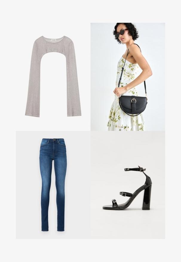 Top prateado de manga longa com um decote arredondado e recorte na parte inferior. Feito de tecido texturizado, apresentando um design ajustado e mangas largas.; Jeans skinny em denim azul escuro. Design de cintura alta com detalhes de cinco bolsos, fecho de botão e desbotamento suave ao longo das pernas.; Sandálias de tacão preto laqueadas com bico quadrado, tiras para o tornozelo e fivelas prateadas. Apresentam um salto bloco chunky para estabilidade.; Bolsa de couro preta com forma curva, alça destacável e detalhes em dourado. A bolsa possui uma aba com detalhe de fivela.