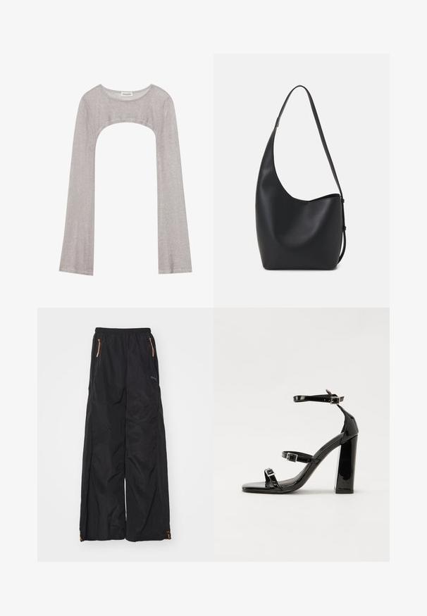 Ezüst hosszú ujjú felső kerek nyakkivágással és alul kivágott résszel. Texturált anyagból készült, testhezálló szabással és bővülő ujjakkal.; Fekete, bő szárú nadrág könnyű anyagból, rugalmas derékkal, két cipzáros zsebbel és narancssárga kiegészítőkkel.; Fekete lakk magas sarkú szandál négyzet alakú orral, bokapántokkal és ezüst csatokat tartalmaz. Masszív blokk sarka a stabilitásért felel.; Fekete bőr hobo táska sima textúrával, ívelt formával és egyetlen állítható pánttal; széles nyílás található a tetején.