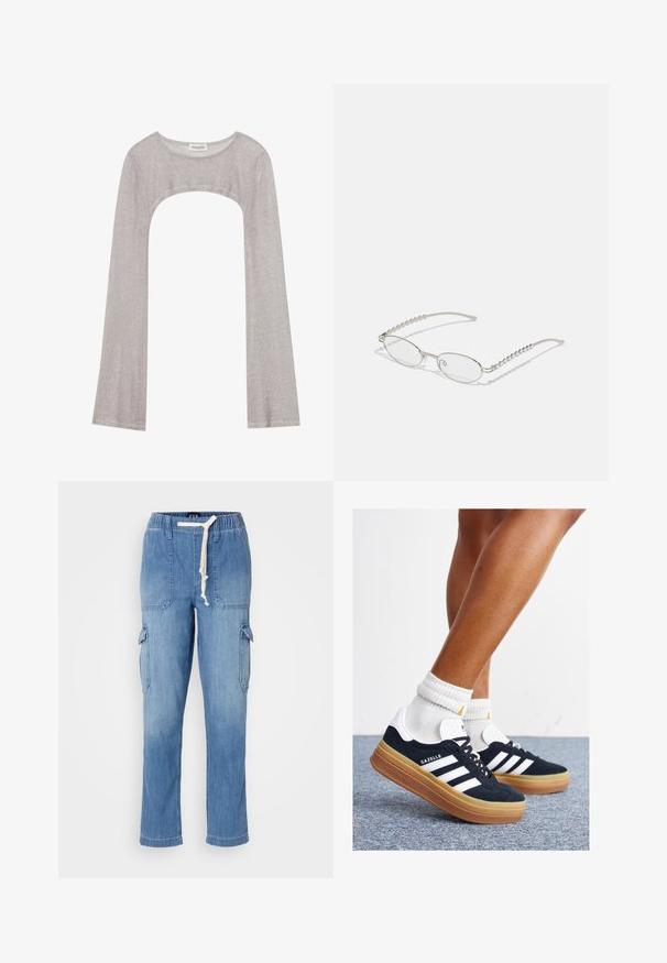 Silver long-sleeve top with a rounded neckline and cut-out below. Made of textured fabric, featuring a fitted design and flared sleeves.; Light blue denim cargo pants with an elastic waistband, drawstring, side pockets, and patch pockets on the thighs.; Black suede sneakers with white stripes and accents, rounded toe, gum rubber outsole, paired with white ribbed crew socks.; Oval glasses with a metallic silver frame, clear lenses, and textured beaded temple accents. Lightweight design with curved arms.