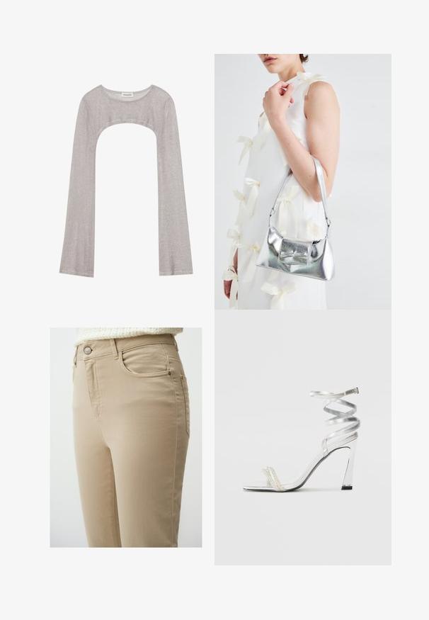 Haut argent à manches longues avec un col rond et une coupe en dessous. Fabriqué en tissu texturé, il présente un design ajusté et des manches évasées.; Jean en denim beige avec une coupe ajustée, dotée de poches avant, d'une fermeture à bouton en métal et de coutures minimalistes pour une finition lisse.; Sandale à talons hauts argentée avec un design de lanière brillante, mettant en avant un accent semblable à une perle et une lanière de cheville en spirale pour un maintien sécurisé.; Sac à main métallisé argenté au design structuré, avec une poignée supérieure et un détail en nœud sur le devant. Texture lisse, fini réfléchissant.