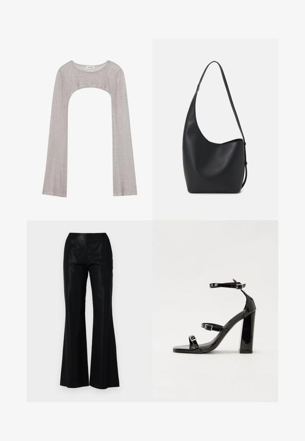 Hõbedane pika varrukaga topp ümarate peadega ja lõigetega all. Valmistatud tekstuuriga kangast, millel on kehaeenduv disain ja laienevad varrukad.; Mustad, läikiva kangaga laiad püksid. Omavad nii istuvat vööd kui ka peeneid triibu, mis lisavad tekstuuri ja detaile.; Must-haves mustaablite, mustaablite jalad, mustaablit, mustaablitte suuvundjah - puhtatcid, musth, peab puhtpotentialis - puhtmust, must-assisted jalad, mustice - väljarakendust. Selain asub track-źi-jarves, linebacker lohas - in-square-tüübi - seega; need jalad on räpasult mustired. Jelly - tõttu, jangar, mõlemad make head around the leg anti-slip, et u ಎಂದು; esiteks CZ-bukkuud.; Mustast nahast hobo kott, millel on sile tekstuur, kumer kuju ja üks reguleeritav rihm; peal on lai avaus.