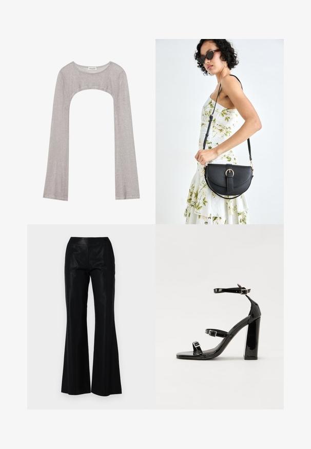 Sudraba garām piedurknēm augšdaļa ar noapaļotu dekoltē un izgriezumu zemāk. Izgatavota no teksturēta auduma, ar pieguļošu dizainu un plandošām piedurknēm.; Melni platās bikses, kas izgatavotas no gludas, spīdīgas auduma. Iespējoja pieguļošs josts un diskretas svītras tekstūrai un detaļām.; Melnas lakotas augstpapēžu čības ar kvadrāta purngalu, potīšu siksniņām un sudraba sprādzēm. Aprīkotas ar masīvu bloku papēdi stabilitātei.; Melnas ādas rokassoma ar izliekta formu, noņemamu siksnu un zelta aksesuāriem. Somai ir vāciņš ar sprādzes detaļu.