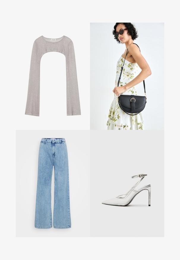 Silver long-sleeve top with a rounded neckline and cut-out below. Made of textured fabric, featuring a fitted design and flared sleeves.; Light blue wide-leg jeans made of denim, featuring a high waist, front button closure, and subtle fading across the fabric.; Clear stiletto heel shoe with a pointed toe, transparent material, metallic silver accents, and adjustable ankle strap.; Black leather handbag with a curved shape, detachable strap, and gold hardware. The bag features a flap with a buckle detail.