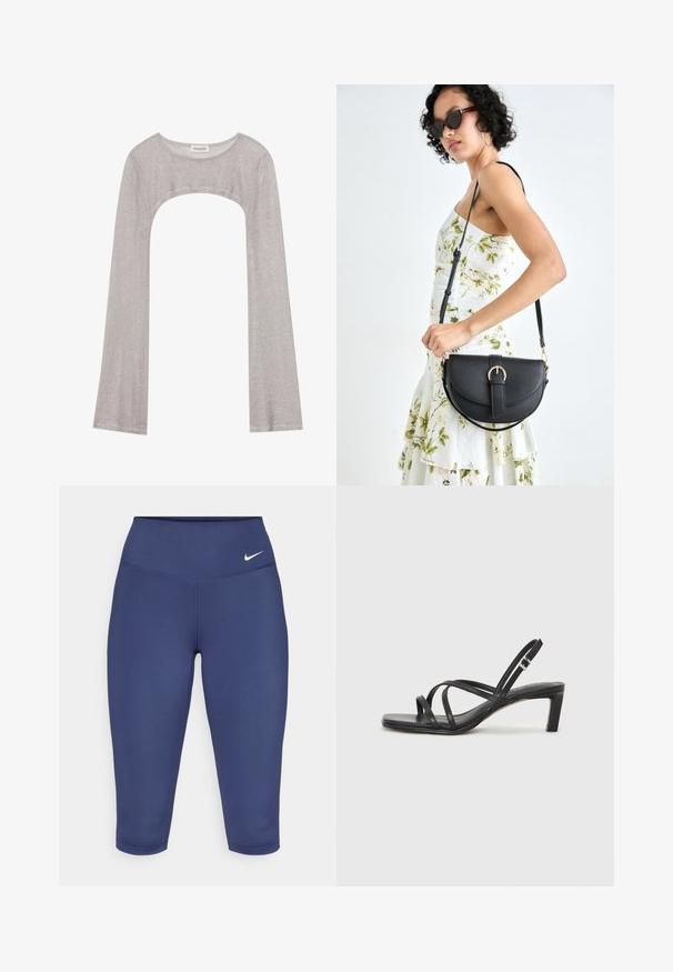Top plateado de manga larga con escote redondeado y un corte en la parte inferior. Hecho de una tela texturizada, presenta un diseño ajustado y mangas acampanadas.; Leggings capri de color azul marino, fabricados con tela elástica, con una cintura ancha y un pequeño logo blanco en el lado izquierdo. Sin costuras visibles.; Sandalia negra de tiras con punta cuadrada y tacón bajo de bloque. Presenta múltiples tiras delgadas y una correa ajustable en el tobillo. Fabricada en cuero suave.; Bolso de piel negra con forma curva, correa desmontable y herrajes dorados. El bolso cuenta con una solapa con un detalle de hebilla.