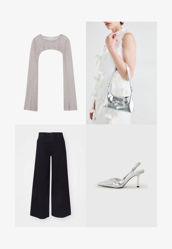 Top plateado de manga larga con escote redondeado y un corte en la parte inferior. Hecho de una tela texturizada, presenta un diseño ajustado y mangas acampanadas.; Jeans negros de pierna ancha hechos de denim, con una cintura alta, bolsillos frontales y cierre de botón. Textura lisa sin patrones ni acentos.; Zapato de tacón alto plateado tipo slingback con punta afilada, acabado metálico, dos correas decorativas y un tacón delgado con punta negra.; Bolso de mano metálico plateado con forma estructurada, que presenta un asa superior y un detalle de lazo en el frente. Textura suave y acabado reflectante.