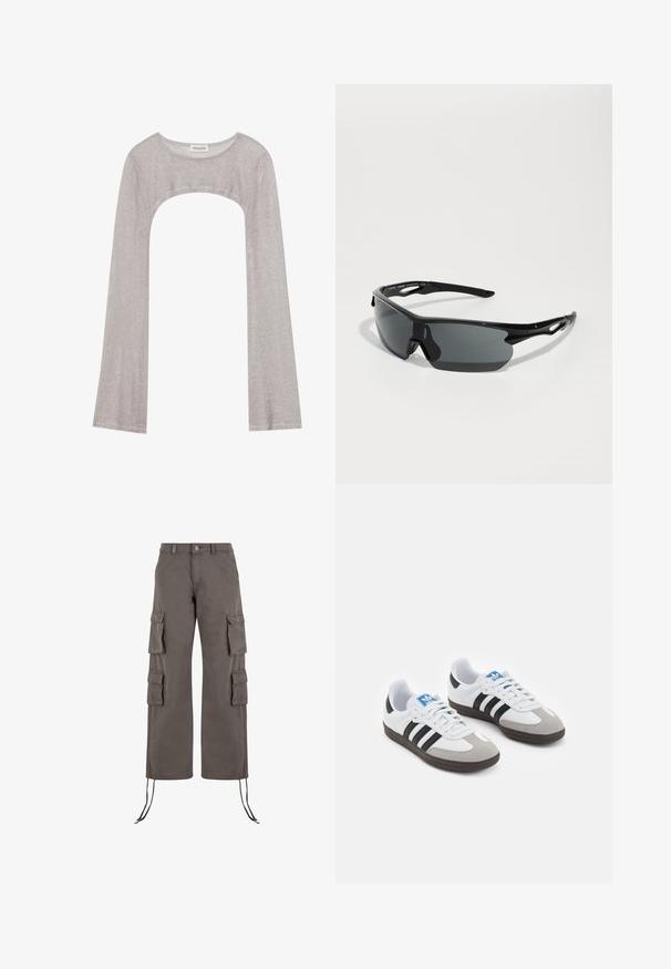 Ezüst hosszú ujjú felső kerek nyakkivágással és alul kivágott résszel. Texturált anyagból készült, testhezálló szabással és bővülő ujjakkal.; Sötétszürke cargo nadrág, tartós anyagból készült. Hat zsebbel, széles lábakkal és állítható zsinórral a szegélyen rendelkezik.; Fehér bőr felsőrészes sportcipő, szürke velúrból készült orral és három fekete csíkkal. Jellemzője a kék logó a nyelvén és egy texturált gumitalp.; Fekete sport napszemüveg ívelt lencsékkel, könnyű műanyag kerettel és texturált szárakkal. Elegáns dizájn integrált orrnyereggel.; Fekete szőtt bőr kézitáska laza dizájnnal, csomózott pánttal és egy kis díszes arany szegeccsel a tetején.