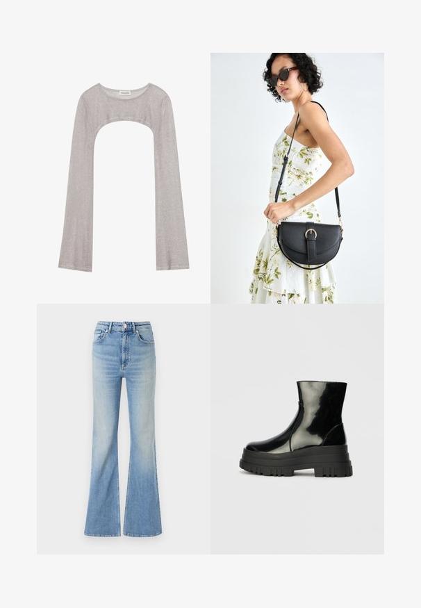 Sølv langermet topp med rund hals og utskjæring under. Laget av teksturert stoff, med en tettsittende design og utsvungne ermer.; Lyseblå flared jeans laget av denim, med høy midje, fem lommer og subtil gradient fading mot kanten.; Svart, blank ankelstøvel med tykk såle og rund tå, sett fra siden på en enkel, lys grå bakgrunn.; Svart lærveske med en buet form, avtagbar stropp og gullbeslag. Vesken har et klaff med spenne-detall.