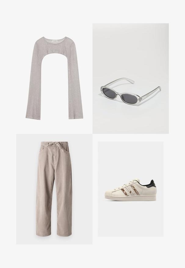 Srebrna dugorukava majica s okruglim izrezom i izrezom ispod. Izrađena od teksturiranog materijala, s prianjajućim dizajnom i flared rukavima.; Bež ženske hlače od kordura u slobodnom kroju, s elastičnim pojasom, dva prednja džepa i vertikalnom rebrastom teksturom.; Bijele kožne tenisice s teksturiranim, blijedo bijelim gumiranim vrhom. Imaju tri smeđe pruge i crnu petu. Ravne vezice i detalj s logom.; Naočale u ovalnom obliku, okvir od prozirne plastike, tamno sivi leće i tanke prozirne ručke s logotipom i minimalnim detaljima.