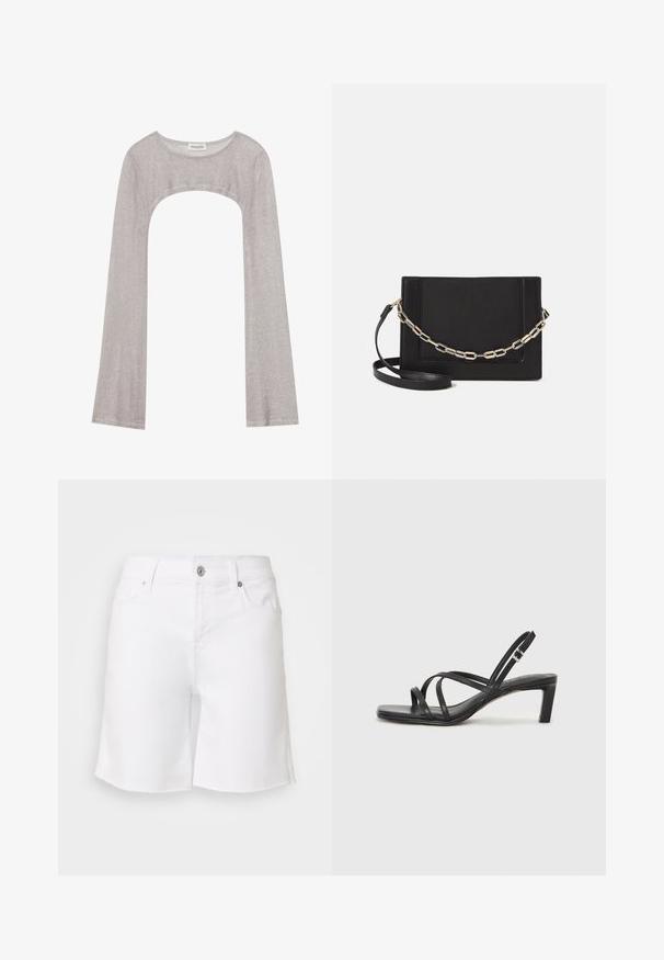 Ezüst hosszú ujjú felső kerek nyakkivágással és alul kivágott résszel. Texturált anyagból készült, testhezálló szabással és bővülő ujjakkal.; Fehér farmer rövidnadrág nyers széllel, öt zsebbel és fémből készült gombos zárással. Fitt derékkal és laza lábszárral rendelkezik.; Fekete pántos szandál négyzetes orral és alacsony blokk sarkal. Több vékony pánttal és állítható boka pánttal rendelkezik. Sima bőrből készült.; Fekete bőr keresztpántos táska, sima textúrával, téglalap alakú és fém lánc részlettel az elején. Állítható pánttal ellátva.