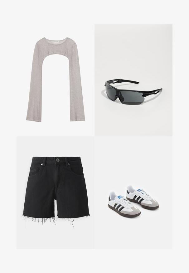 Srebrna dugorukava majica s okruglim izrezom i izrezom ispod. Izrađena od teksturiranog materijala, s prianjajućim dizajnom i flared rukavima.; Crne traperice kratke hlače s oštrim rubom, dizajn s pet džepova i srebrnim detaljima. Izrađene su od čvrstog pamučnog materijala, s klasičnim krojem.; Sportske cipele s gornjištem od bijele kože, sivi suedinasti nos i tri crne pruge. Imaju plavi logo na jeziku i teksturiranu gumenu podlogu.; Crne sportske sunčane naočale s zakrivljenim lećama, lagani plastični okvir i teksturirane sljepoočnice. Elegantni dizajn s integriranim nosačem.; Crna torba od pletene kože sa opuštenim dizajnom, koja ima čvorasti remen i mali dekorativni zlatni čavlić na vrhu.