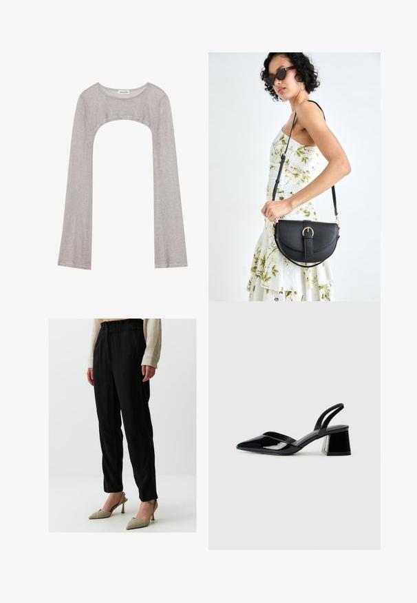 Zilveren lange mouwen top met een ronde hals en een uitsnede eronder. Gemaakt van gestructureerde stof, met een aansluitend ontwerp en uitlopende mouwen.; Zwarte, loszittende broeken met een bijeen geraapt, elastisch middel, gecombineerd met metallic, spitse hakken. Gladde textuur met een subtiele glans.; Zwarte gepatineerde leren slingback hakken met een spitse neus en een geometrische blokhak. Kenmerkt zich door een slank, minimalistisch ontwerp en een gladde textuur.; Zwarte leren handtas met een gebogen vorm, afneembare schouderband en gouden hardware. De tas heeft een klep met een gespsluiting.