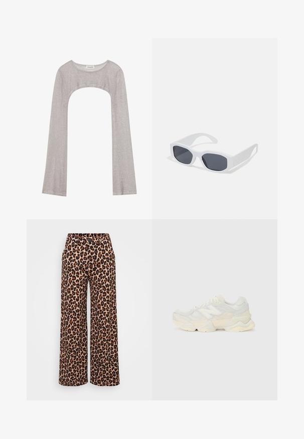 Sølv langermet topp med rund hals og utskjæring under. Laget av teksturert stoff, med en tettsittende design og utsvungne ermer.; Even&Odd Petite Bukse - brown; Lett sneaker med en overdel i mesh og semsket skinn i myke kremtoner, med en kraftig såle og tredimensjonale detaljer.; Hvite rektangulære solbriller med mørke linser, en jevn matte overflate, og tykke stenger med en vinklet design.