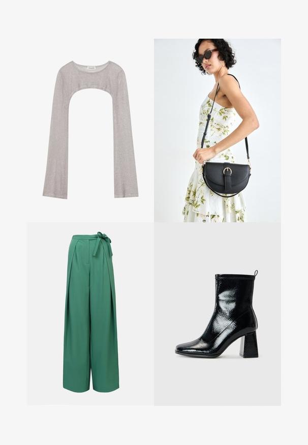 Silver long-sleeve top with a rounded neckline and cut-out below. Made of textured fabric, featuring a fitted design and flared sleeves.; Green wide-leg trousers with a tie belt, featuring pleats and a smooth texture. Designed for a relaxed fit and versatile styling.; Black patent ankle boot with a square toe and chunky geometric heel. Features a smooth, shiny texture and a rear pull tab for easy wear.; Black leather handbag with a curved shape, detachable strap, and gold hardware. The bag features a flap with a buckle detail.