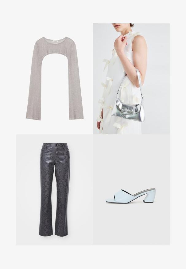 Top prateado de manga longa com um decote arredondado e recorte na parte inferior. Feito de tecido texturizado, apresentando um design ajustado e mangas largas.; Calças de couro sintético em cinza escuro com um padrão de pele de cobra. Apresenta um fecho frontal com botão, pernas retas e um design clássico de cinco bolsos.; Mules de salto aberto de cor azul clara com um design geométrico, apresentando uma faixa larga sobre o pé e um salto chunky e angular.; Bolsa metálica prateada com uma forma estruturada, apresentando uma alça superior e um detalhe de laço na frente. Textura suave, acabamento reflexivo.