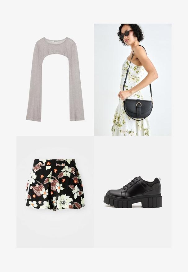 Top plateado de manga larga con escote redondeado y un corte en la parte inferior. Hecho de una tela texturizada, presenta un diseño ajustado y mangas acampanadas.; Pantalones cortos negros con flores grandes en tonos verde claro y naranja, con hojas oscuras, diseño plisado y bolsillos en los laterales.; Zapatos de plataforma de cuero negro con un tacón cuadrado grueso, punta redonda y diseño tradicional de cordones. Presenta una textura suave y un detalle minimalista.; Bolso de piel negra con forma curva, correa desmontable y herrajes dorados. El bolso cuenta con una solapa con un detalle de hebilla.