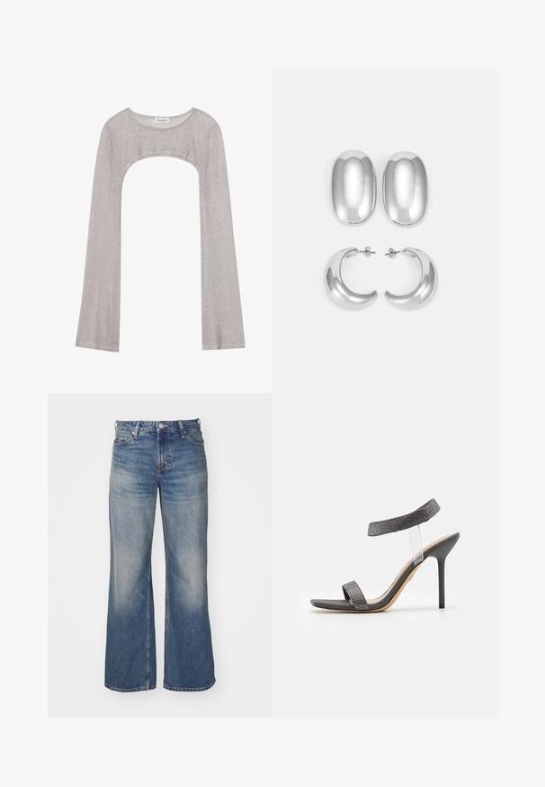 Hopeapintainen pitkähihainen paita, jossa on pyöreä pääntie ja leikattu kohta alapuolella. Valmistettu teksturoidusta kankaasta, jossa on vartalon myötäinen muotoilu ja levenevät hihat.; Vaaleansiniset farkut, joissa on leveä lahje, haalistunut pesu, viisi taskua ja nappisuljenta. Yksityiskohtainen tikkaus saumoissa.; Musta korkokenkä, jossa on läpinäkyvä hihna, teksturoitu päällinen ja kapea stiletto-korko. Ominaisuuksiin kuuluu leveä etuhihna ja kiiltävät yksityiskohdat.; Hopeasävyiset korvakorut: kaksi ovaalia nappikorua ja kaksi kuukausimaisen muotoista renkaasta, joissa on kiiltävä, sileä pinta ja pyöristetty muoto.