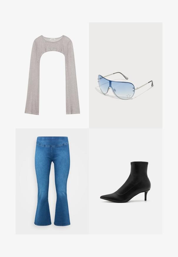 Top prateado de manga longa com um decote arredondado e recorte na parte inferior. Feito de tecido texturizado, apresentando um design ajustado e mangas largas.; Calças de ganga azul com boca de sino e cintura média, apresentando uma textura suave e um design clássico de cinco bolsos. Com bainha de detalhe de costura subtil.; Botas de tornozelo pretas em couro suave com bico afiado e um salto curto e fino. Apresenta um design sem costura e sutis detalhes em costura.; Óculos de sol aviador com lentes azuis em degradê, armação metálica prateada e detalhes decorativos de estrelas nas lentes. Design suave e elegante.