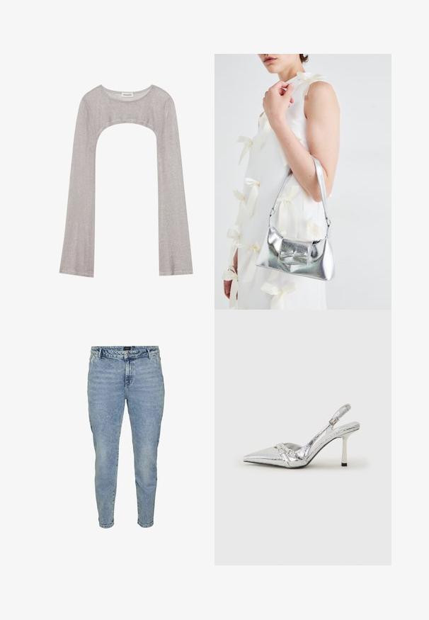 Sudraba garām piedurknēm augšdaļa ar noapaļotu dekoltē un izgriezumu zemāk. Izgatavota no teksturēta auduma, ar pieguļošu dizainu un plandošām piedurknēm.; Gai zili džinsi ar sašaurinātu kāju, izgatavoti no denima auduma. Iekļauj pogu aizdari, piecas kabatas un vieglu izbalēšanu tekstūras radīšanai.; Sudraba slingback augstpapēžu kurpe ar norādītu purngalu, metālisku apdari, diviem dekoratīviem siksniņām un plānu papēdi ar melnu galu.; Sudraba metāla rokassoma ar struktūru formu, aprīkota ar augšējo rokturi un priekšpusē esošu loku. Gluda tekstūra, atstarojoša virsma.