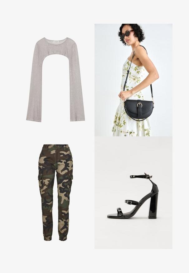 Stříbrný dlouhý rukáv top s kulatým výstřihem a výřezem dole. Vyroben z texturované tkaniny, s přiléhavým střihem a rozšířenými rukávy.; Kárované cargo kalhoty v odstínech zelené, hnědé a černé; mají elastické manžety, boční kapsy a bezpečné zapínání na knoflík.; Černé lakované sandály na podpatku se čtveratou špičkou, lýtkovými pásky a stříbrnými přezkami. Disponují masivním blokovým podpatkem pro stabilitu.; Černá kožená kabelka s křivkovým tvarem, odnímatelným popruhem a zlatými detaily. Kabelka má klopu s přezkou.