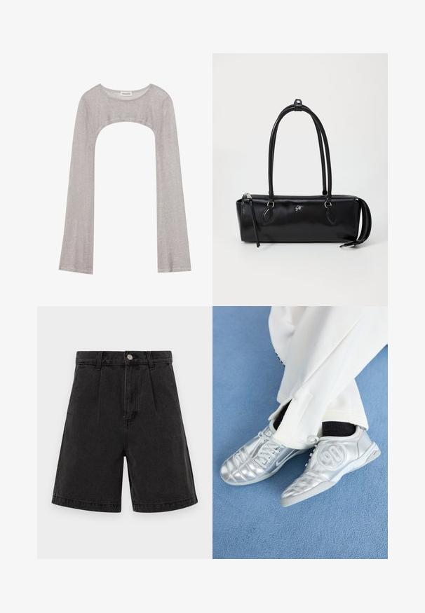 Top prateado de manga longa com um decote arredondado e recorte na parte inferior. Feito de tecido texturizado, apresentando um design ajustado e mangas largas.; Calções de ganga pretos com uma cintura alta, frente plissada e bainhas viradas. Apresenta um fecho com botão metálico e zip. Textura uniforme.; Tênis atléticos prateados com um acabamento liso e brilhante, apresentando um design costurado e o número 90 na lateral, combinados com calças brancas.; Bolsa de couro preta com forma retangular, textura suave, duas alças, fecho com zíper e um pequeno logótipo na parte da frente.