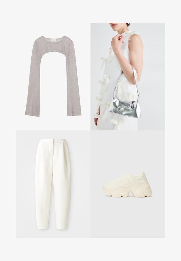Srebrna bluza z dolgimi rokavi in okroglim izrezom, z izrezom spodaj. Narejena iz teksturiranega materiala, z oprijetim krojem in razširjenimi rokavi.; Bela visoko pasovana tapered hlače z zadrgo na sprednji strani in stranskimi žepi, prikazane na enotnem belem ozadju.; Debele bele športne copate, izdelane iz teksturirane mrežaste in sintetične materialov, z debelim podplatom in zapletenimi vzorčičnimi detajli ob straneh.; Srebrna metalna torbica z oblikovano strukturo, ki ima zgornji ročaj in detajl v obliki mašne spredaj. Gladka tekstura, z odsevnimi površinami.