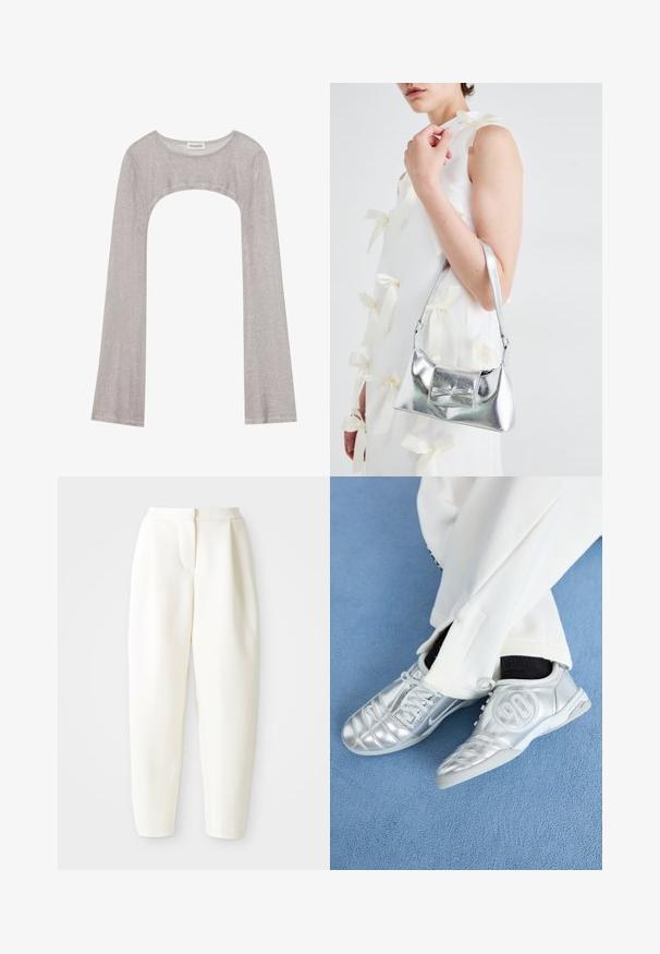 Sidabrinė ilgarankovė palaidinė su apvaliu iškirpimu ir išpjova apačioje. Pagaminta iš tekstūruoto audinio, pasižyminti prigludusia siluetu ir išsiplėtusiomis rankovėmis.; Baltos aukšto liemens siaurėjantys keliai su paslėptu priekinio uždarymo mechanizmu ir šoninėmis kišenėmis, pristatyti prieš paprastą baltą foną.; Sidabriniai sportiniai batai su lygiu, blizgiu paviršiumi, turintys siuvinėtą dizainą ir numerį 90 šone, derinami su baltais kelnėmis.; Sidabrinė metalinė rankinė su struktūrizuota forma, turinti viršutinę rankeną ir kaspiną priekyje. Lygi tekstūra, atspindinti apdaila.