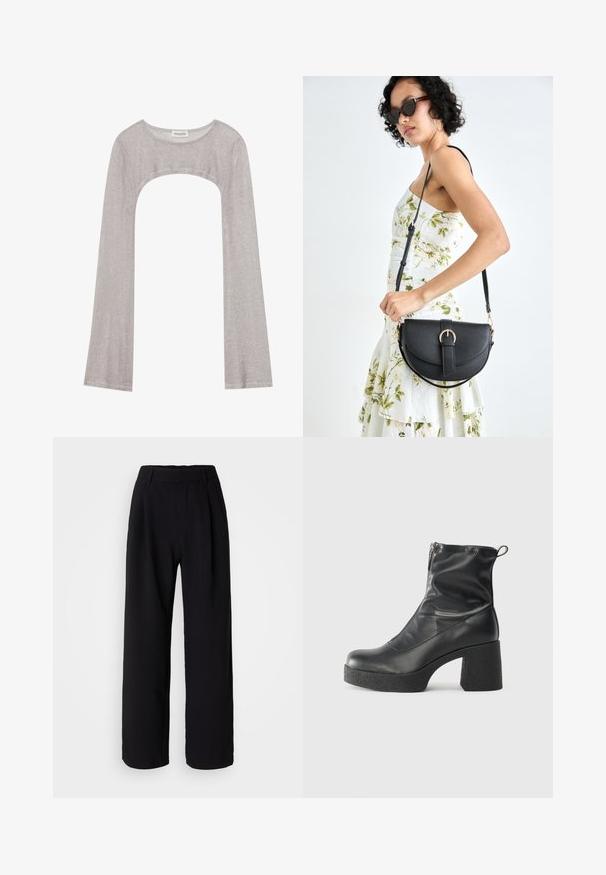 Bluza argintie cu mânecă lungă, decolteu rotund și o decupare dedesubt. Fabricată dintr-un material texturat, are un design ajustat și mâneci evazate.; Pantaloni negri cu croi larg, confecționați dintr-un material neted. Prezintă un talie ajustată și pliuri frontale pentru un volum suplimentar. Design croit.; Bocanci negri de glezna din piele netedă, cu fermoar lateral, toc texturat și masiv, și design cu vârf rotund.; Geantă din piele neagră, cu o formă curbată, curea detașabilă și accesorii aurii. Geanta are un capac cu un detaliu tip cataramă.