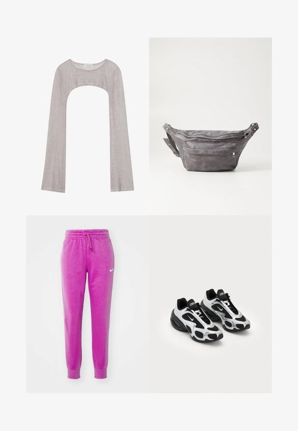 Top prateado de manga longa com um decote arredondado e recorte na parte inferior. Feito de tecido texturizado, apresentando um design ajustado e mangas largas.; Nike Sportswear PANT - Calças de fato de treino - hot fuchsia; Sapatos de desporto pretos e prateados com um upper em malha e sintético, apresentando um design ondulado distinto e colarinho acolchoado, com amortecimento de ar na sola.; Pochete cinza em camurça com forma arredondada, dois compartimentos com fecho éclair e alça ajustável. Apresenta detalhes em metal.