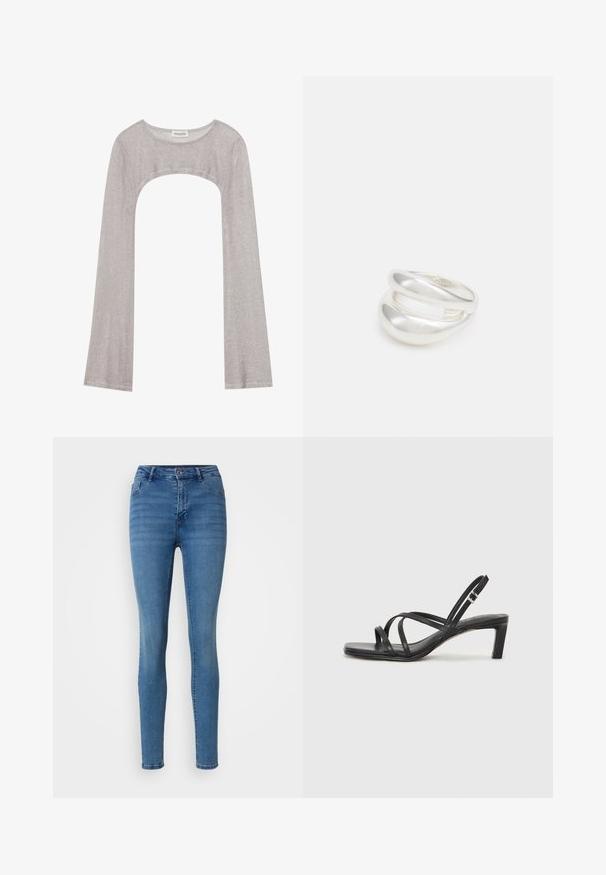 Srebrna bluza z dolgimi rokavi in okroglim izrezom, z izrezom spodaj. Narejena iz teksturiranega materiala, z oprijetim krojem in razširjenimi rokavi.; Slim-fit modre jeans iz denima, z družinskim zasnovo petih žepov, gumbnim zapiranjem in rahlim bledanjem za raznolikost teksture.; Črne natikače s trakovi in kvadratnim prstom ter nizkim blokastim peto. Imajo več tankih trakov in nastavljiv trak okoli gležnja. Narejene so iz gladkega usnja.; Srebrn dvojni prstan z gladko, polirano površino. Ima tekoč, ukrivljen dizajn z prekrivajočimi se sekcijami za sodoben videz.