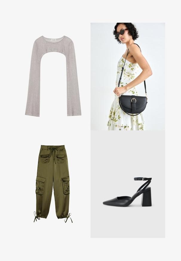 Zilveren lange mouwen top met een ronde hals en een uitsnede eronder. Gemaakt van gestructureerde stof, met een aansluitend ontwerp en uitlopende mouwen.; Olijfgroene cargobroek van gladde stof, met twee voorzakken, een verstelbare tailleband en elastische boorden met touwtjes bij de enkels.; Zwarte leren puntige pump met een enkelbandje en een chunky hak. Vlakke textuur, strakke vormgeving en minimalistische esthetiek.; Zwarte leren handtas met een gebogen vorm, afneembare schouderband en gouden hardware. De tas heeft een klep met een gespsluiting.