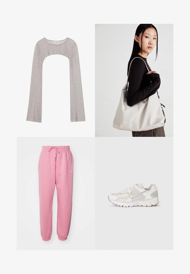 Sølv langermet topp med rund hals og utskjæring under. Laget av teksturert stoff, med en tettsittende design og utsvungne ermer.; Rosa joggebukser laget av myke materialer, med elastisk midje og snor, innsnittede ben og en liten hvit Nike-logo.; Hvit atletisk sko laget av mesh og syntetiske materialer. Har et teksturert design, polstret krage og geometriske detaljer på hælen.; Beige håndveske laget av mykt materiale, med en slapp design, sydd detaljer og to skulderstropper. Passer for daglig bruk.
