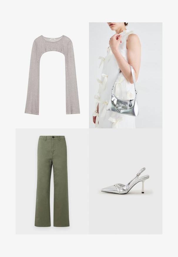 Silbernes Langarmoberteil mit rundem Ausschnitt und Cut-out darunter. Hergestellt aus strukturiertem Stoff, mit figurbetontem Design und ausladenden Ärmeln.; Olivgrüne gerade geschnittene Hose mit Gürtelschlaufen, Knopfverschluss und Vorderreißverschluss auf reinweißer Hintergrund.; Silberner Slingback-High-Heel-Schuh mit spitz zulaufender Zehenpartie, metallic-finish, zwei dekorativen Riemen und einem schlanken Absatz mit schwarzer Spitze.; Silberne metallische Handtasche mit strukturierter Form, ausgestattet mit einem oberen Griff und einer Schleifenapplikation auf der Vorderseite. Glatte Textur, reflektierendes Finish.