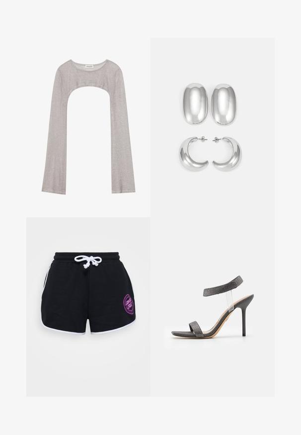 Sidabrinė ilgarankovė palaidinė su apvaliu iškirpimu ir išpjova apačioje. Pagaminta iš tekstūruoto audinio, pasižyminti prigludusia siluetu ir išsiplėtusiomis rankovėmis.; Juodi medvilniniai šortai su balta raišteliu, baltais apvadais ir purpuriniu apvaliu logotipu priekyje dešinėje pusėje.; Juodos aukštakulnės sandalai su skaidriu dirželiu, tekstūruotu viršumi ir plonu stiletto kulnu. Yra platus priekinis dirželis ir blizgantys akcentai.; Sidabro spalvos auskarų rinkinys: dvi ovalios sagtys ir dvi pusmėnulio formos apyrankės, pasižyminčios blizgiu, lygiu paviršiumi ir suapvalinta forma.