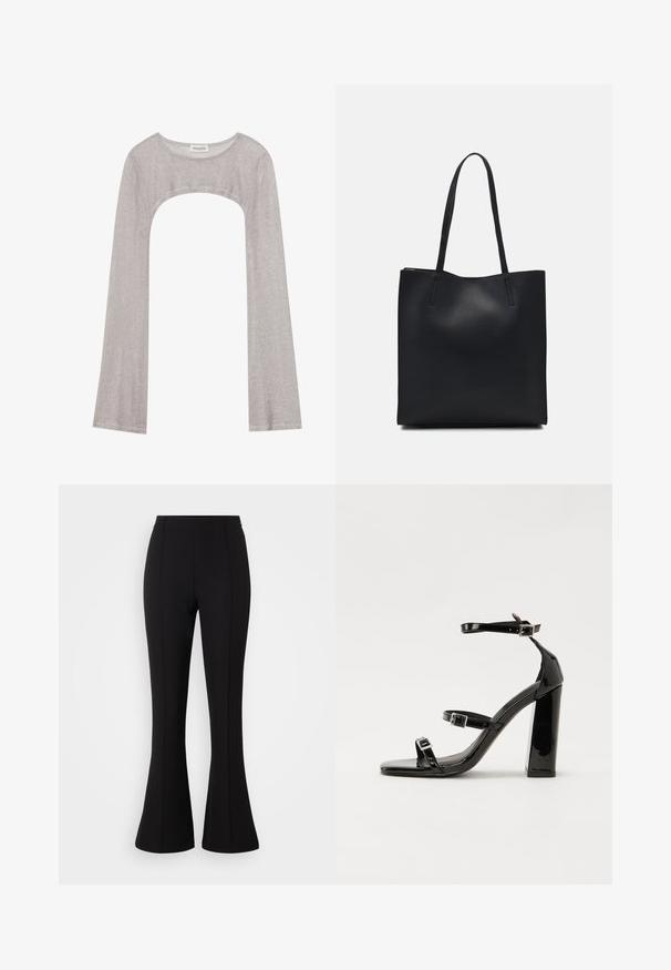Haut argent à manches longues avec un col rond et une coupe en dessous. Fabriqué en tissu texturé, il présente un design ajusté et des manches évasées.; Pantalons évasés noirs fabriqués en tissu extensible, avec une texture lisse, taille haute et des coutures décoratives à l'avant.; Sandales à talons vernies noires avec un bout carré, des sangles autour de la cheville et des boucles en argent. Dotées d'un talon bloc épais pour plus de stabilité.; Sac fourre-tout en cuir noir avec une texture lisse, de forme rectangulaire et deux longues poignées. Pas de matériel ou d'ornementations visibles.