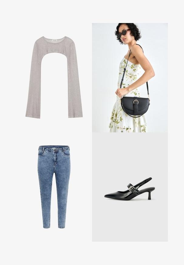 Sidabrinė ilgarankovė palaidinė su apvaliu iškirpimu ir išpjova apačioje. Pagaminta iš tekstūruoto audinio, pasižyminti prigludusia siluetu ir išsiplėtusiomis rankovėmis.; Mėlyni džinsai su siauru siluetu, aukštu liemeniu, penkiomis kišenėmis ir užsegimu su užtrauktuku. Audinys šiek tiek išblukęs, su kontrastingomis siūlėmis.; Juodai lakuoti slingback aukštakulniai su smailiu kojų pirštu ir mažais blokiniais kulniukais, su sidabro sagtimi ant dirželio.; Juodas odinis krepšys su išlenkta forma, nuimamu dirželiu ir auksiniais detalėmis. Krepšys turi kilpą su sagtimi.